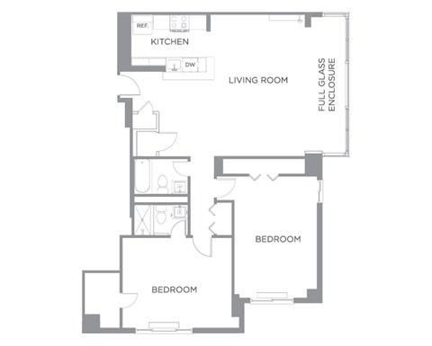 Floor plan for 2 beds, 2 baths, 1001 sqft
